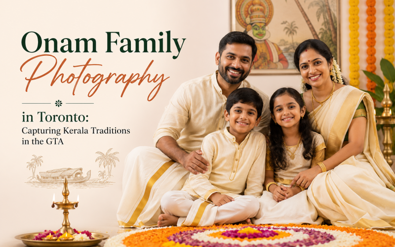 Onam photography Toronto — family in traditional kasavu saree